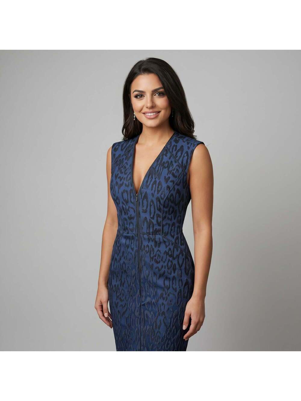 Sleeveless Navy Blue Leopard Print Bodycon Dress with Front Zipper
